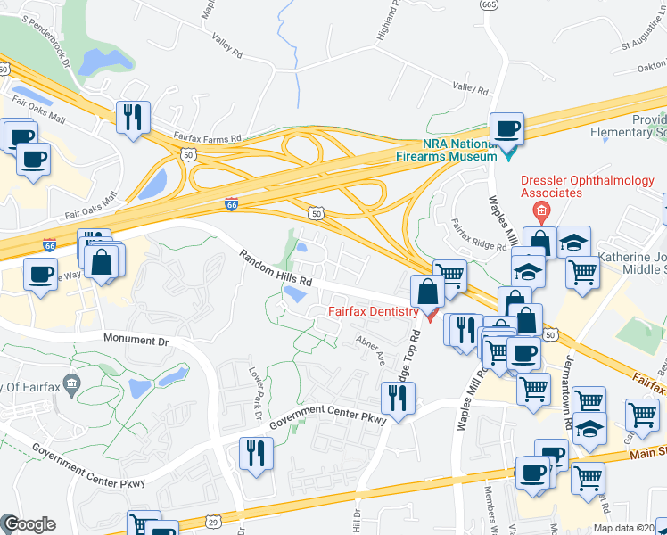 map of restaurants, bars, coffee shops, grocery stores, and more near 4056 Heatherstone Court in Fairfax