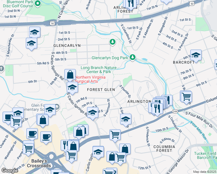 map of restaurants, bars, coffee shops, grocery stores, and more near 661 South Harrison Street in Arlington