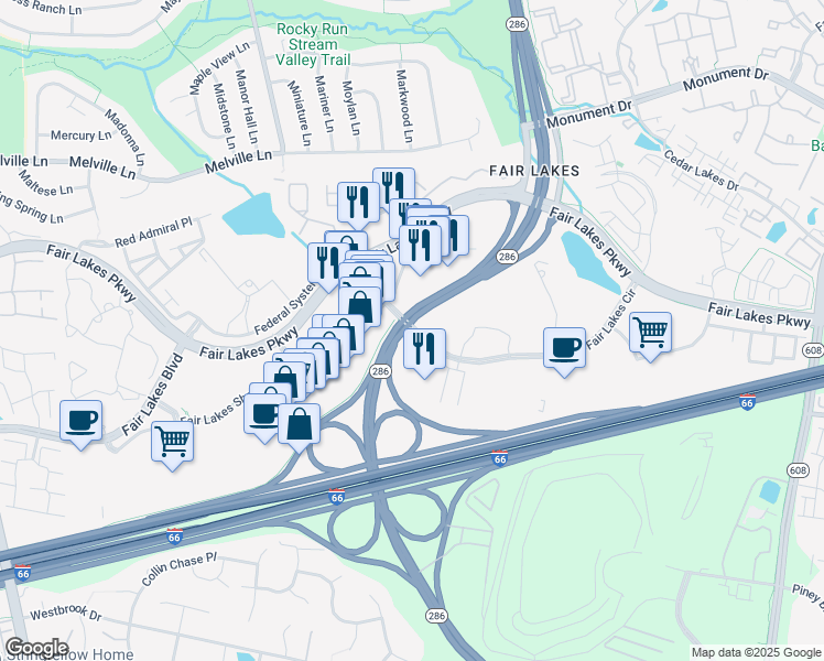 map of restaurants, bars, coffee shops, grocery stores, and more near Market Commons Drive in Fairfax