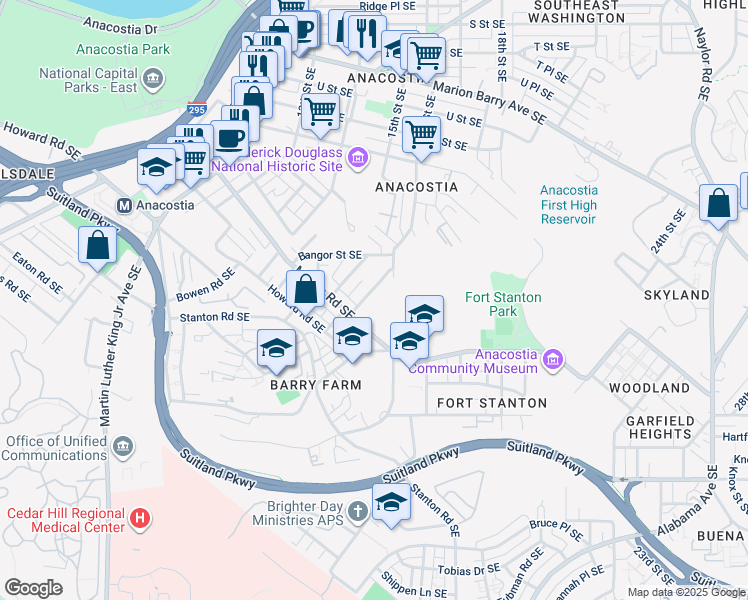 map of restaurants, bars, coffee shops, grocery stores, and more near 2230 Hunter Place Southeast in Washington