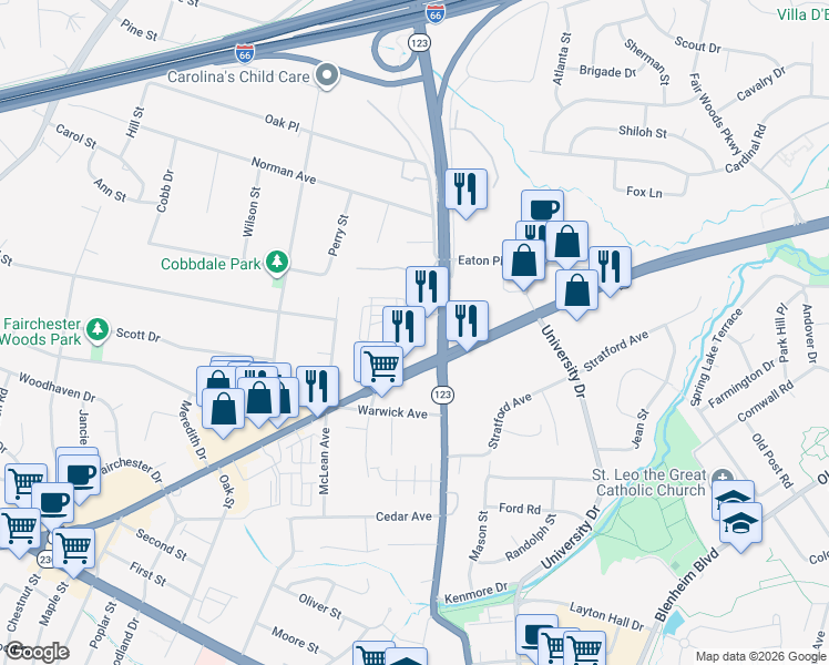 map of restaurants, bars, coffee shops, grocery stores, and more near 10505 Orchard Street in Fairfax