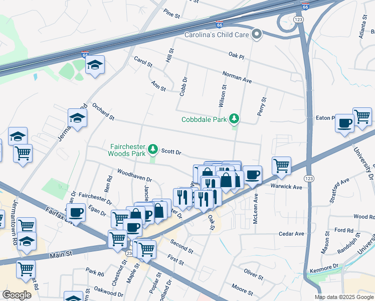 map of restaurants, bars, coffee shops, grocery stores, and more near 10724 Scott Drive in Fairfax
