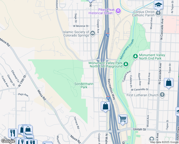 map of restaurants, bars, coffee shops, grocery stores, and more near 709 West Espanola Street in Colorado Springs