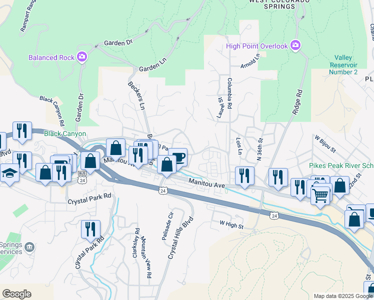 map of restaurants, bars, coffee shops, grocery stores, and more near 22 El Paso Boulevard in Manitou Springs