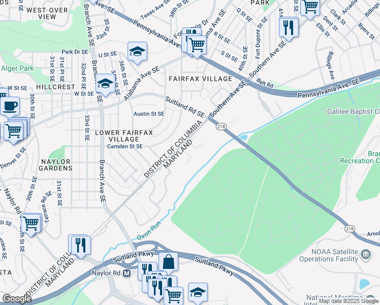 map of restaurants, bars, coffee shops, grocery stores, and more near 2316 Woodbark Lane in Suitland-Silver Hill