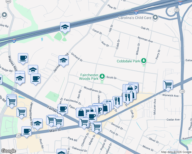 map of restaurants, bars, coffee shops, grocery stores, and more near 10829 Scott Dr in Fairfax