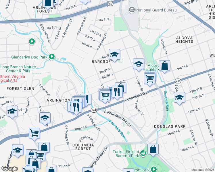 map of restaurants, bars, coffee shops, grocery stores, and more near 4715 9th Street South in Arlington