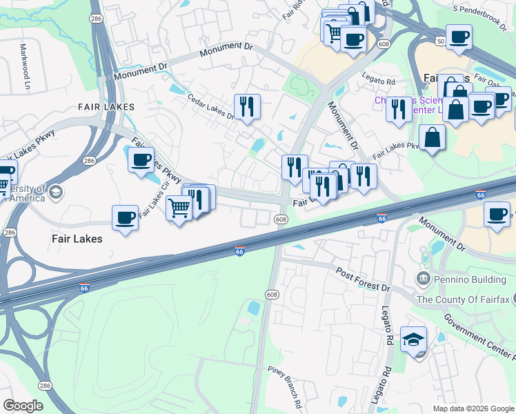 map of restaurants, bars, coffee shops, grocery stores, and more near 12424 Liberty Bridge Road in Fairfax