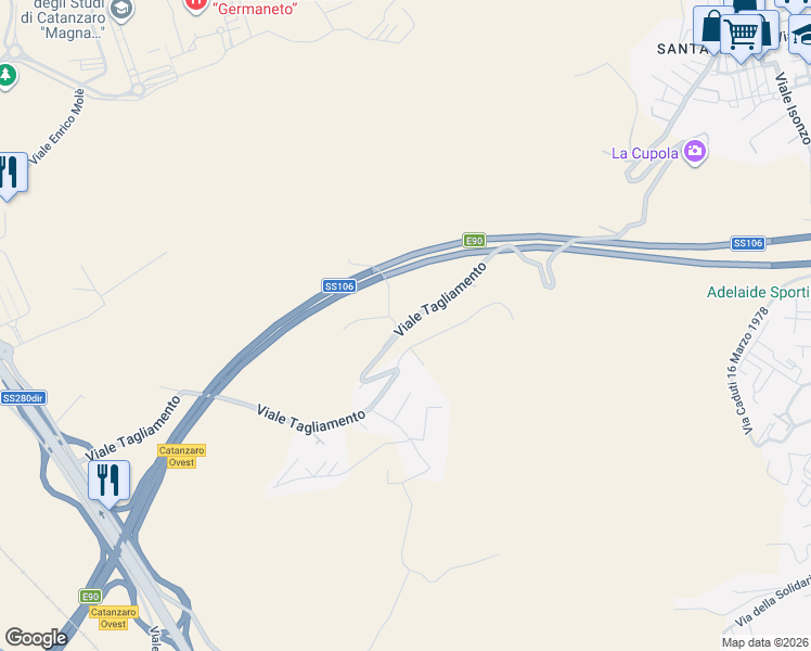 map of restaurants, bars, coffee shops, grocery stores, and more near Viale Tagliamento in Provincia di Catanzaro