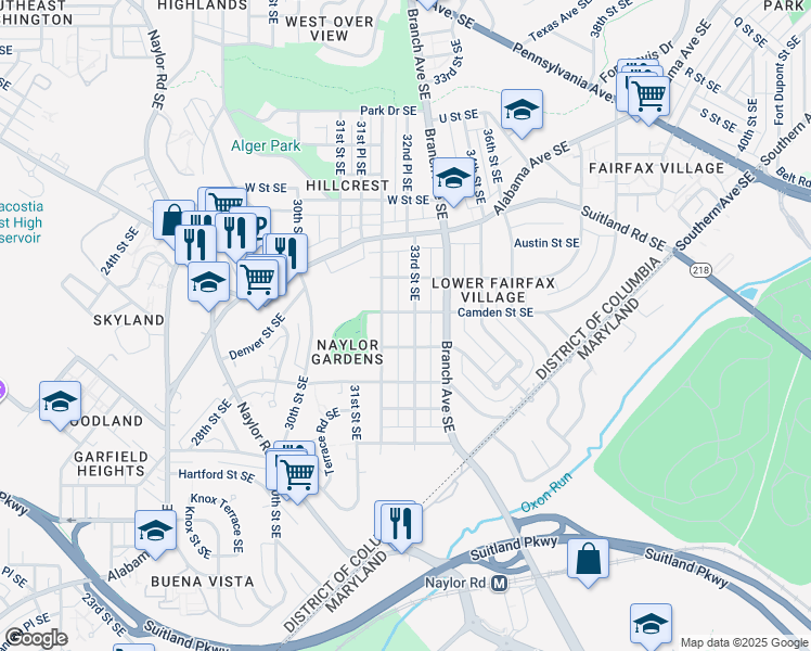 map of restaurants, bars, coffee shops, grocery stores, and more near 2507 33rd Street Southeast in Washington