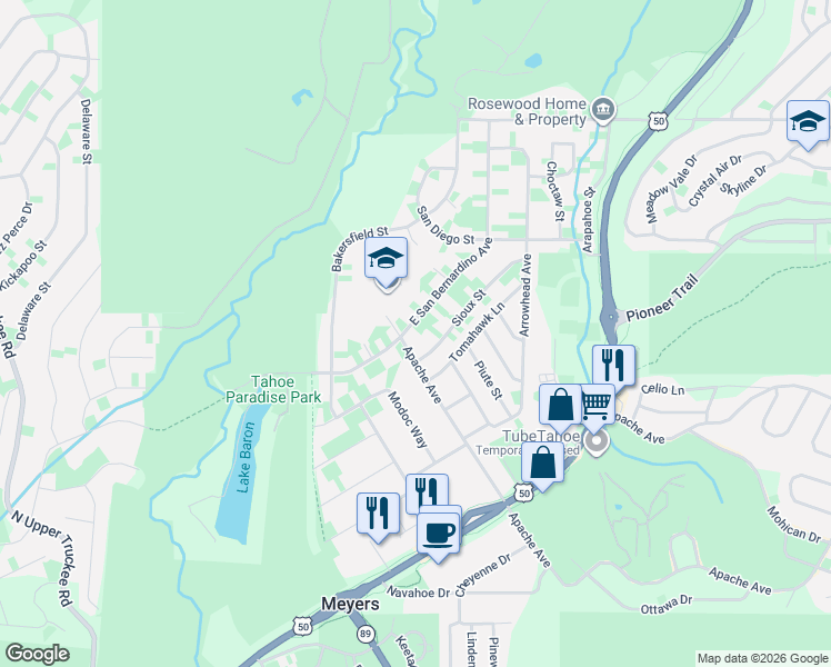 map of restaurants, bars, coffee shops, grocery stores, and more near 1100 East San Bernardino Avenue in South Lake Tahoe