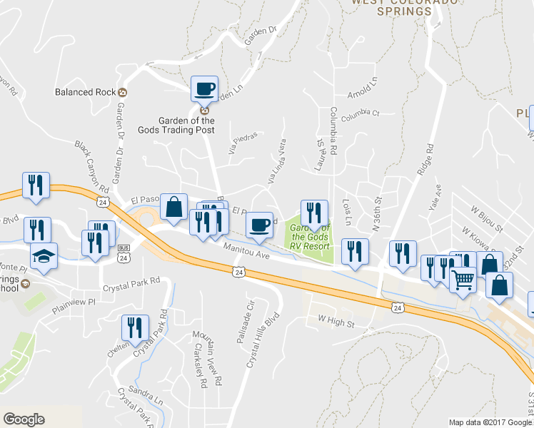 map of restaurants, bars, coffee shops, grocery stores, and more near 22 El Paso Boulevard in Manitou Springs