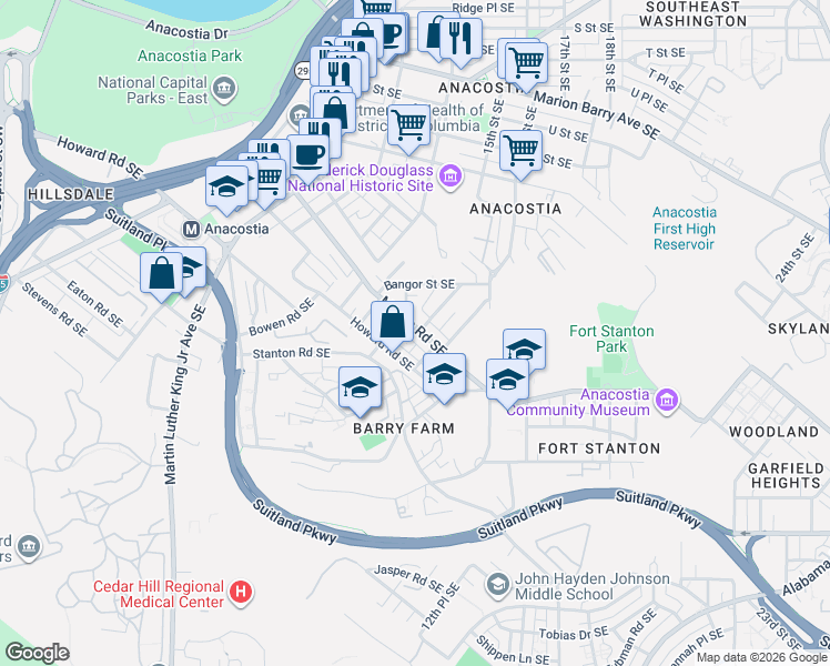 map of restaurants, bars, coffee shops, grocery stores, and more near 1465 Morris Road Southeast in Washington
