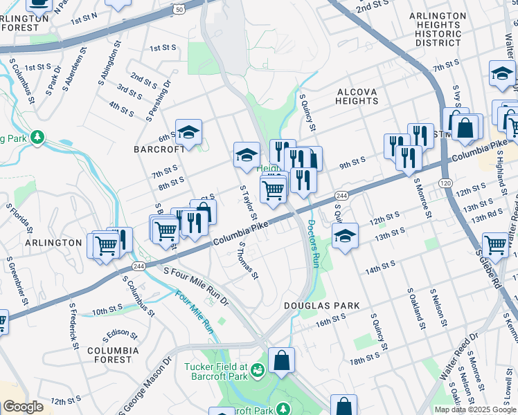 map of restaurants, bars, coffee shops, grocery stores, and more near 4241 Columbia Pike in Arlington