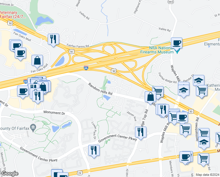 map of restaurants, bars, coffee shops, grocery stores, and more near 4053 Cornwall Court in Fairfax