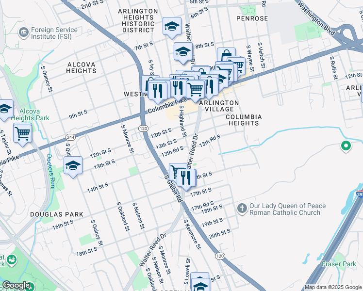 map of restaurants, bars, coffee shops, grocery stores, and more near 3107 13th Road South in Arlington