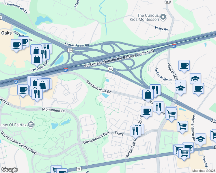 map of restaurants, bars, coffee shops, grocery stores, and more near 4053 Cornwall Court in Fairfax