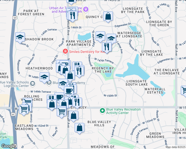 map of restaurants, bars, coffee shops, grocery stores, and more near 14824 Walmer Street in Overland Park