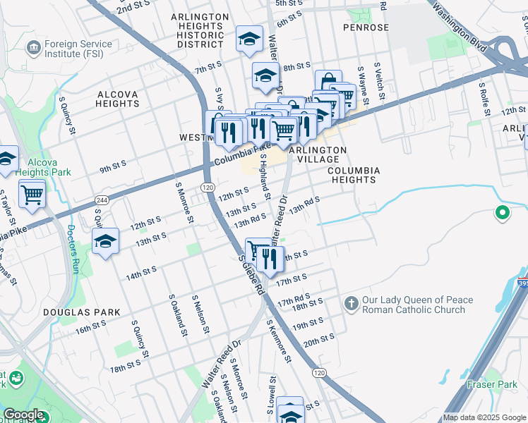 map of restaurants, bars, coffee shops, grocery stores, and more near 3107 13th Road South in Arlington