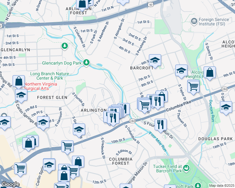 map of restaurants, bars, coffee shops, grocery stores, and more near 808 South Arlington Mill Drive in Arlington