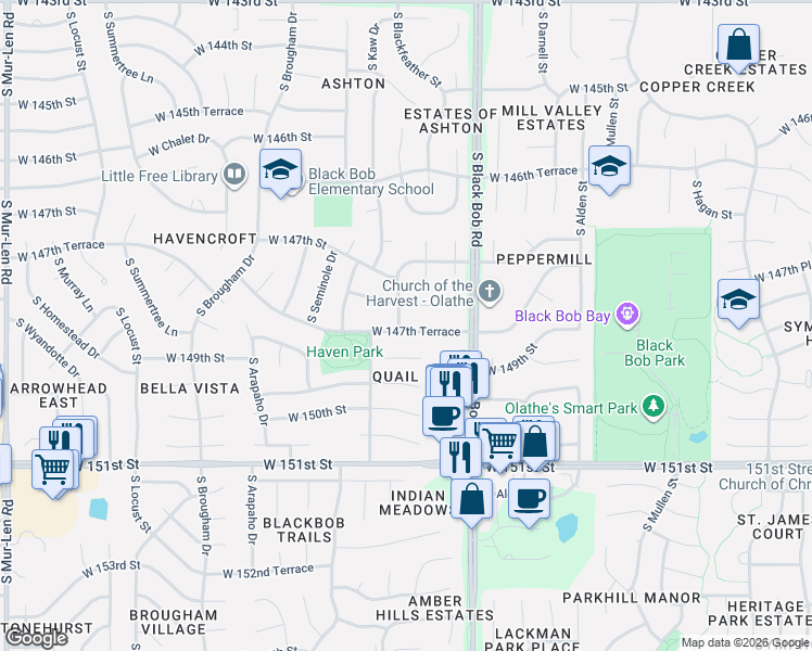 map of restaurants, bars, coffee shops, grocery stores, and more near 14775 South Kaw Drive in Olathe