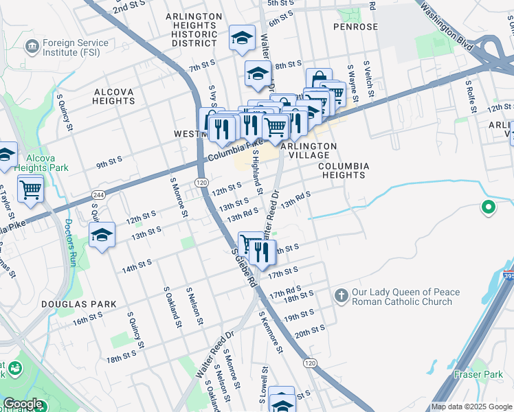 map of restaurants, bars, coffee shops, grocery stores, and more near 3105 13th Road South in Arlington