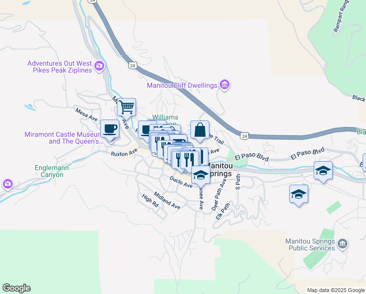 map of restaurants, bars, coffee shops, grocery stores, and more near 21 Washington Avenue in Manitou Springs