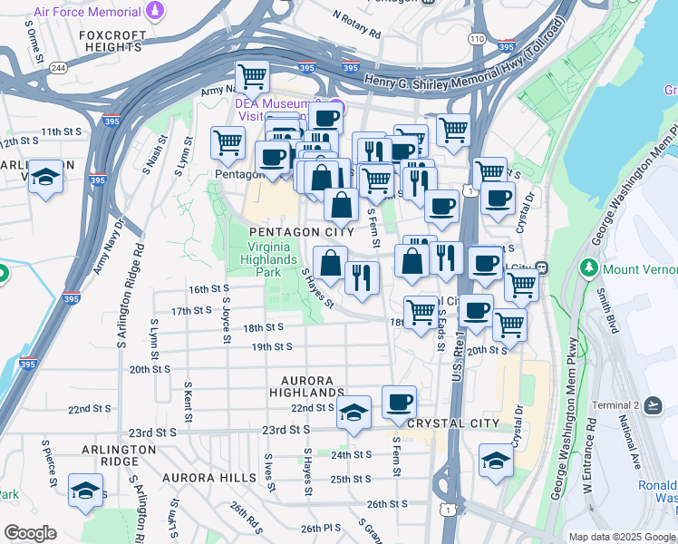 map of restaurants, bars, coffee shops, grocery stores, and more near 1705 South Hayes Street in Arlington