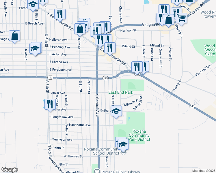map of restaurants, bars, coffee shops, grocery stores, and more near 145 South 12th Street in Wood River