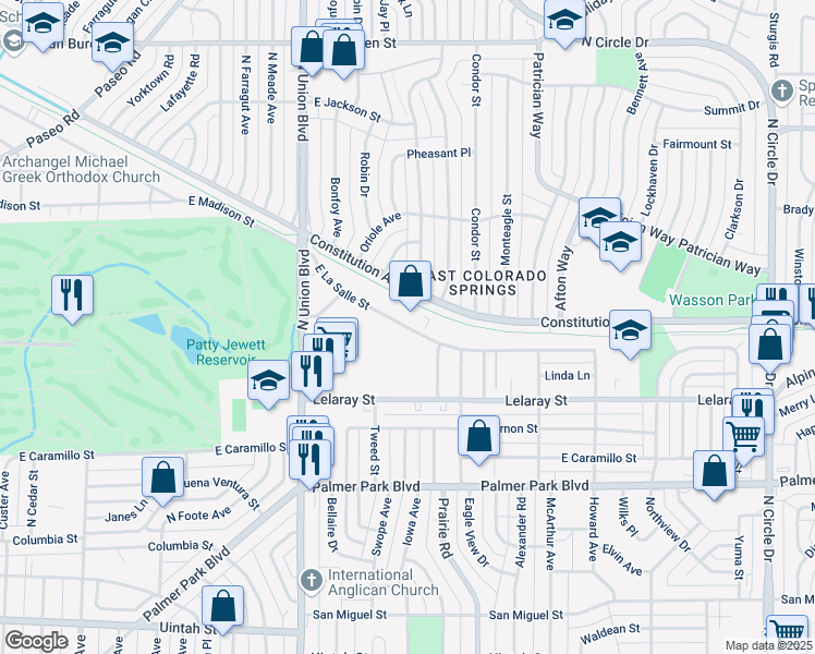 map of restaurants, bars, coffee shops, grocery stores, and more near 2114 East La Salle Street in Colorado Springs