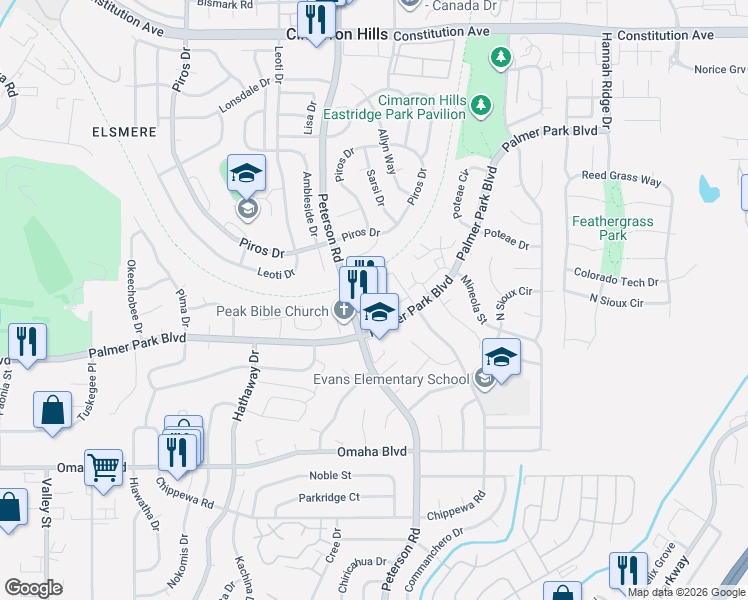 map of restaurants, bars, coffee shops, grocery stores, and more near 1873 Peterson Road in Colorado Springs