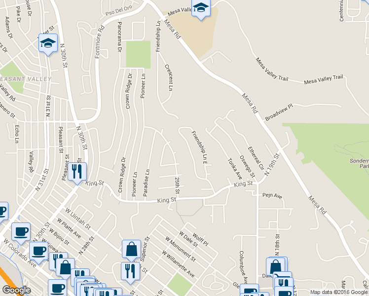 map of restaurants, bars, coffee shops, grocery stores, and more near 1390 Friendship Lane West in Colorado Springs