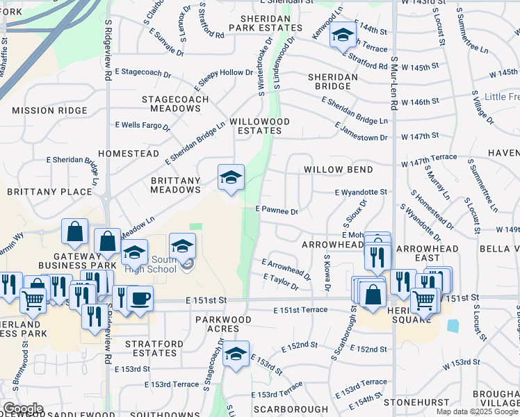 map of restaurants, bars, coffee shops, grocery stores, and more near 1700 East Pawnee Drive in Olathe
