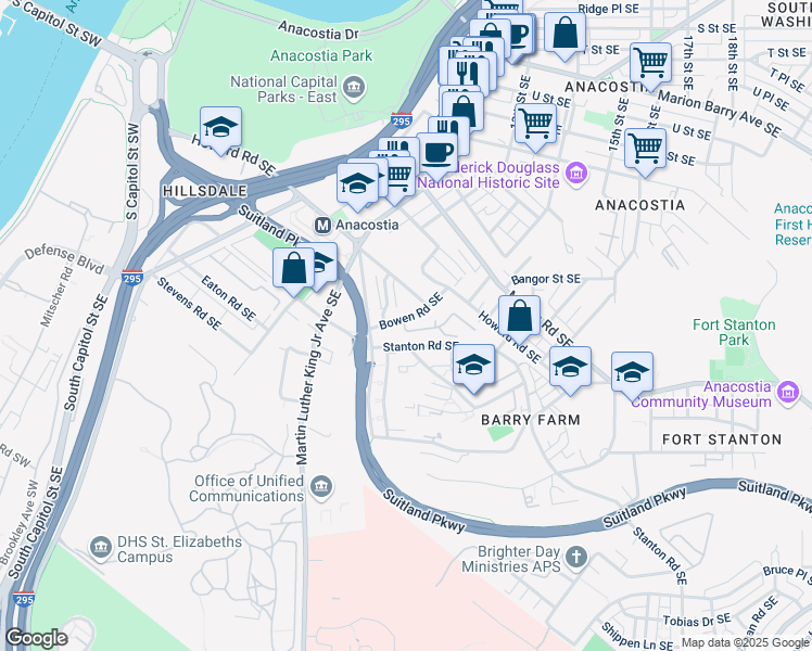 map of restaurants, bars, coffee shops, grocery stores, and more near 2611 Bowen Road Southeast in Washington