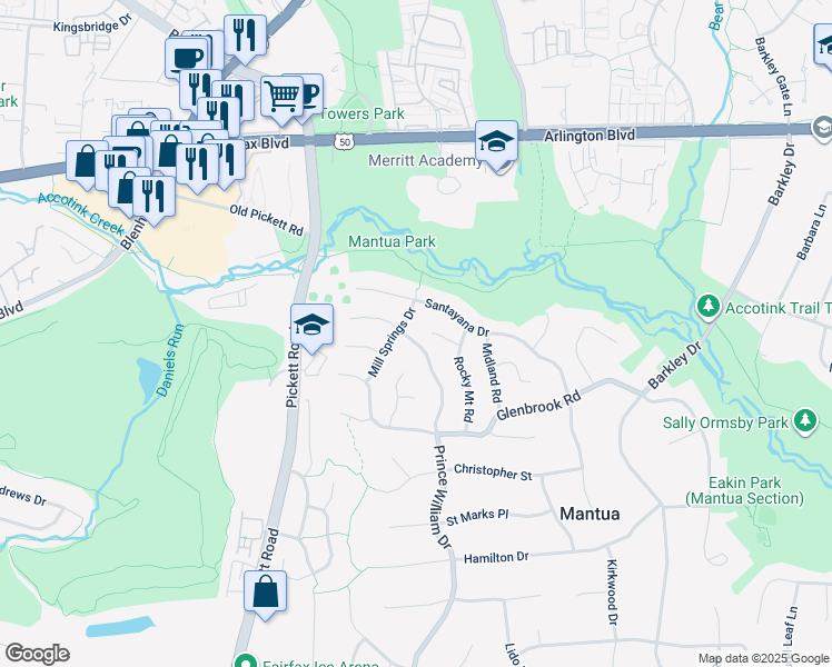 map of restaurants, bars, coffee shops, grocery stores, and more near 3303 Prince William Drive in Fairfax