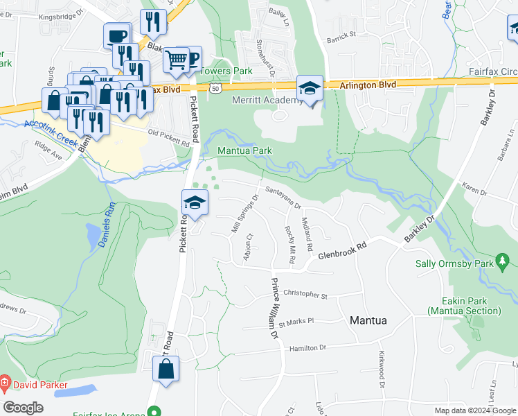 map of restaurants, bars, coffee shops, grocery stores, and more near 3303 Prince William Drive in Fairfax