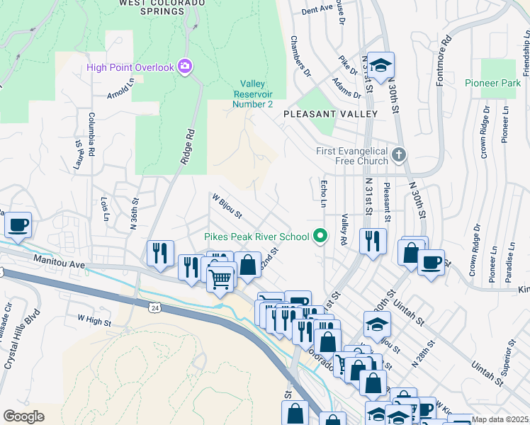 map of restaurants, bars, coffee shops, grocery stores, and more near 222 North 33rd Street in Colorado Springs
