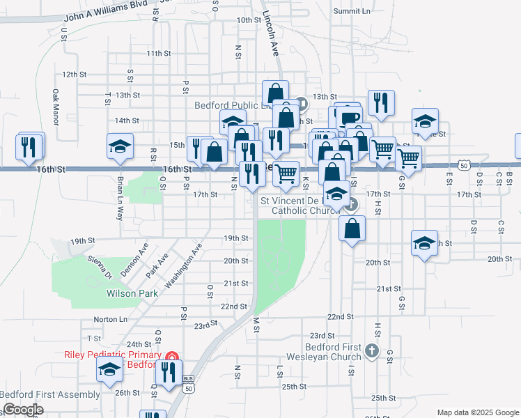 map of restaurants, bars, coffee shops, grocery stores, and more near 1716 M Street in Bedford