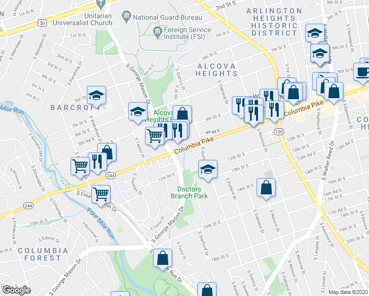 map of restaurants, bars, coffee shops, grocery stores, and more near 1001 South Randolph Street in Arlington