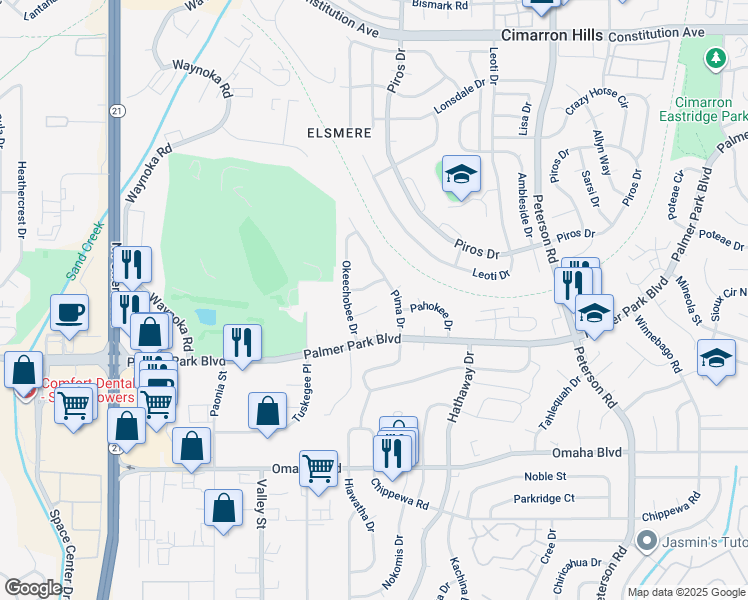 map of restaurants, bars, coffee shops, grocery stores, and more near 6370 Okeechobee Place in Colorado Springs