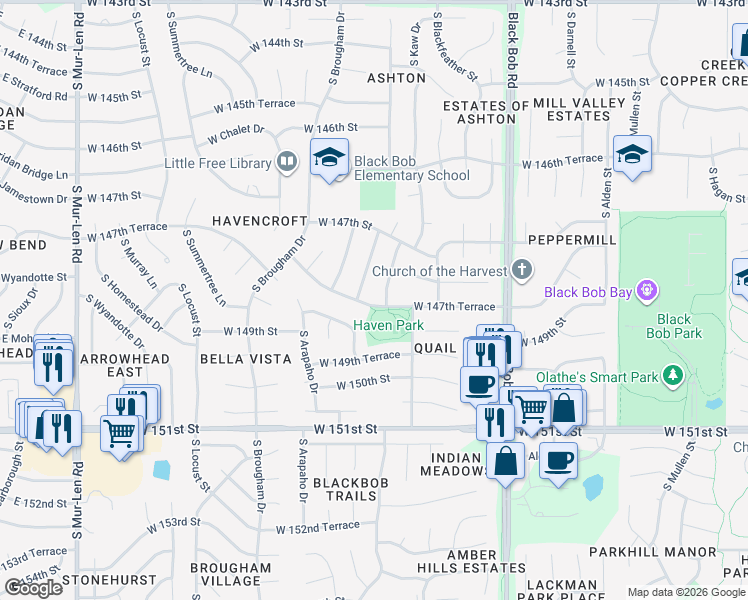 map of restaurants, bars, coffee shops, grocery stores, and more near 15650 West 147th Terrace in Olathe