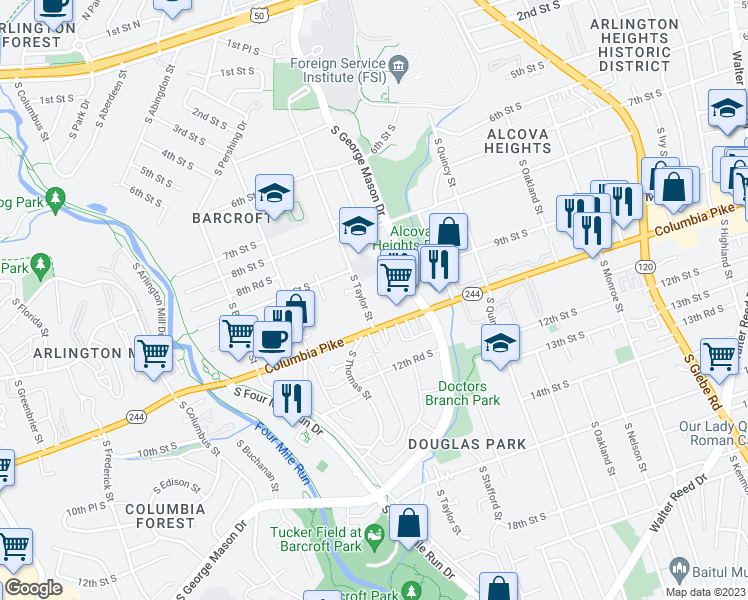 map of restaurants, bars, coffee shops, grocery stores, and more near 933 South Taylor Street in Arlington