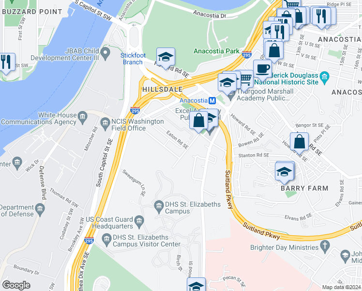 map of restaurants, bars, coffee shops, grocery stores, and more near 1243 Eaton Road Southeast in Washington