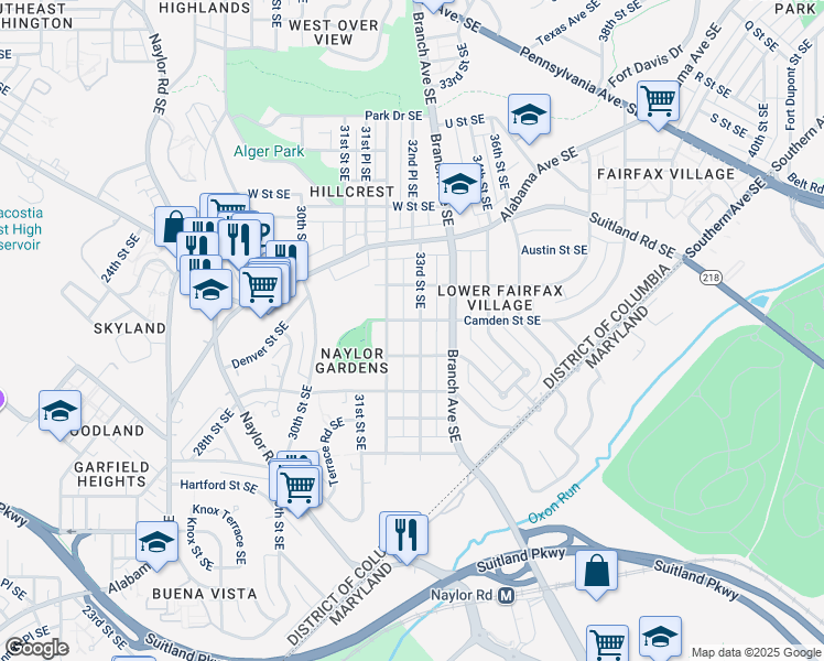 map of restaurants, bars, coffee shops, grocery stores, and more near 2507 33rd Street Southeast in Washington