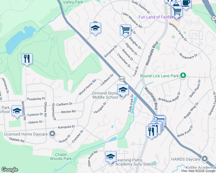 map of restaurants, bars, coffee shops, grocery stores, and more near 14708 Cranoke Street in Centreville