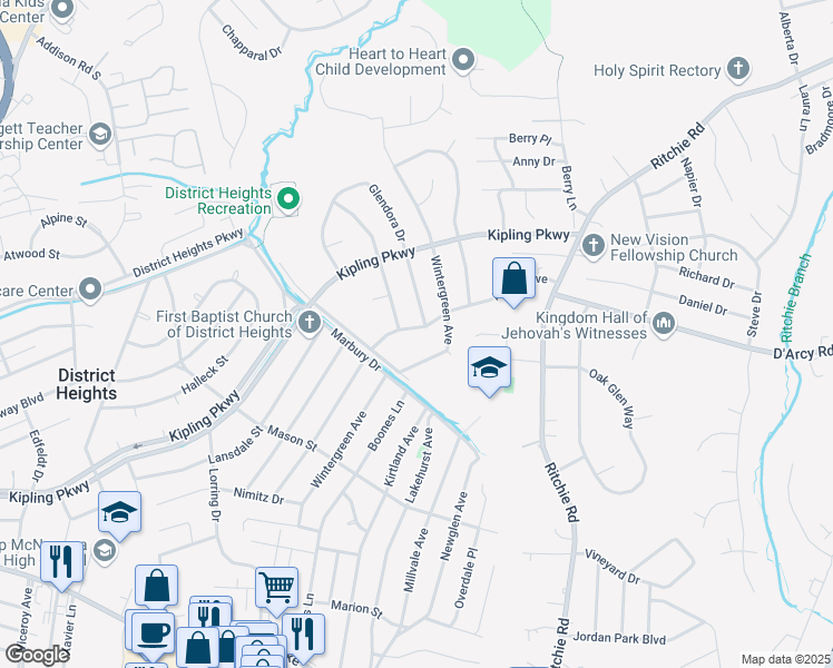 map of restaurants, bars, coffee shops, grocery stores, and more near 2210 Roslyn Avenue in District Heights