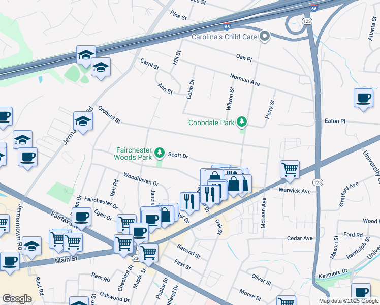 map of restaurants, bars, coffee shops, grocery stores, and more near 10728 Scott Drive in Fairfax
