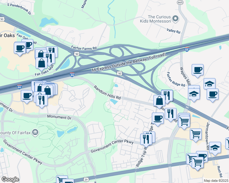 map of restaurants, bars, coffee shops, grocery stores, and more near 4052 Cornwall Court in Fairfax