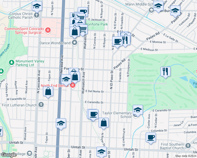 map of restaurants, bars, coffee shops, grocery stores, and more near 516 East Espanola Street in Colorado Springs