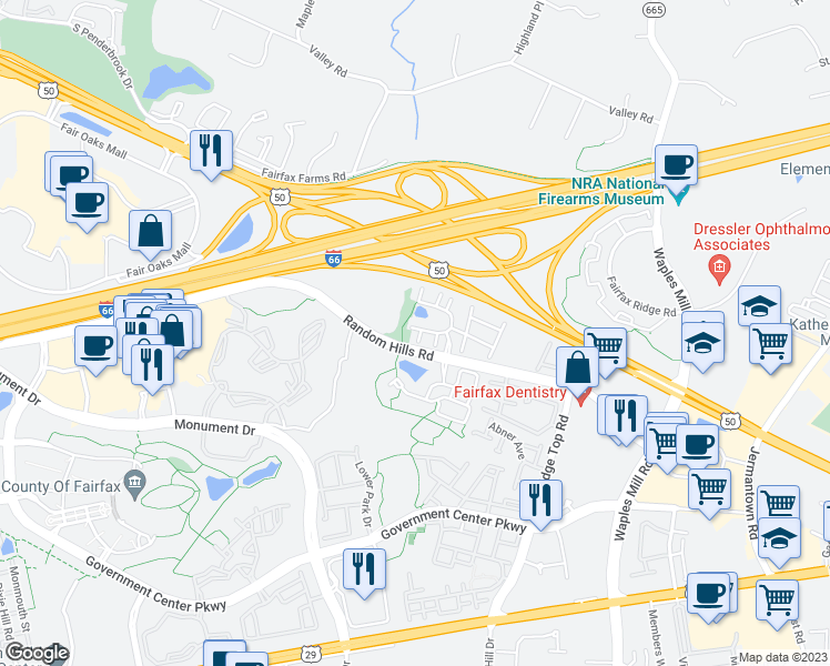 map of restaurants, bars, coffee shops, grocery stores, and more near 4052 Cornwall Court in Fairfax